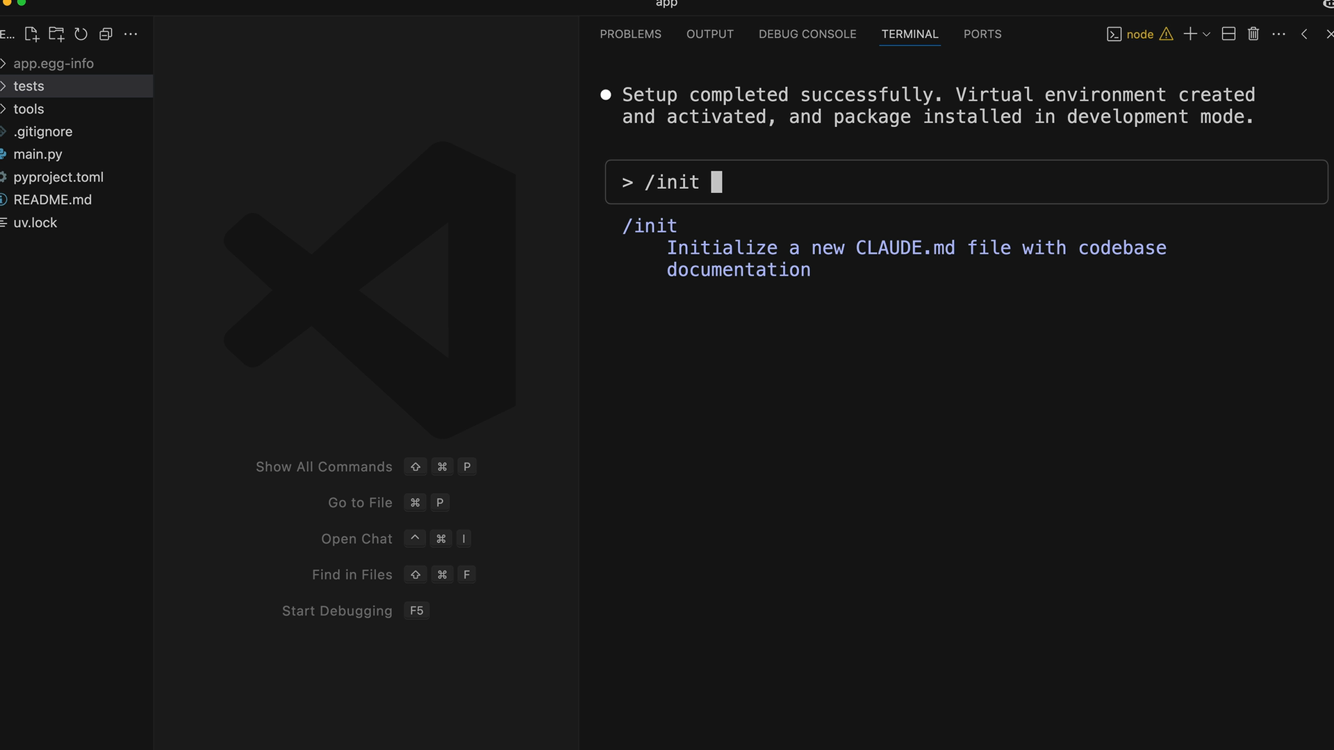 Claude Code in a VS Code terminal with "/init" typed, hinting "Initialize a new CLAUDE.md file with codebase documentation".