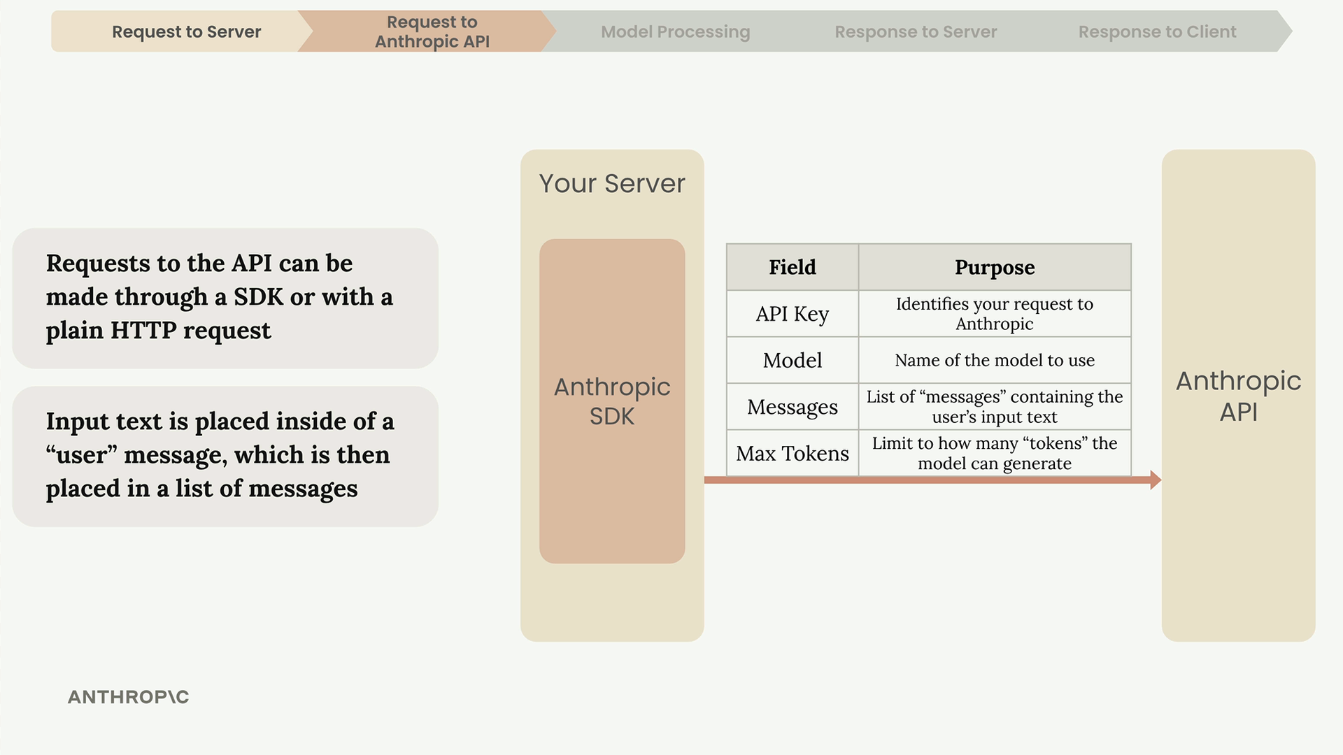 Request to Anthropic API step: input text is placed inside a "user" message, which is then placed in a list of messages.