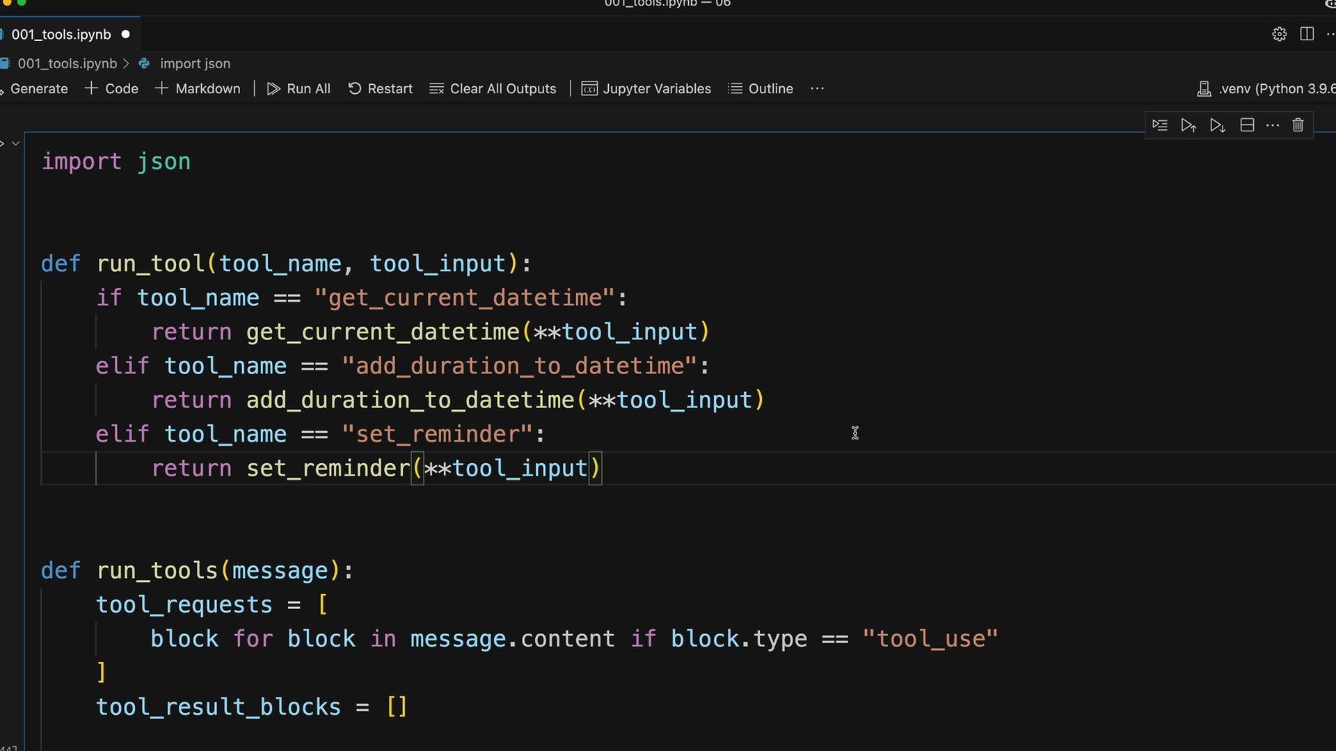 Notebook cell with the run_tool function shown above, then the start of run_tools, which collects tool_use blocks.