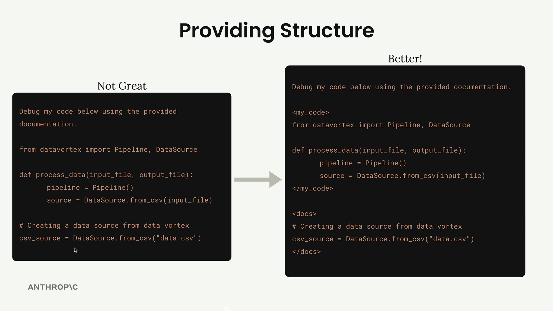 The same debugging prompt twice: "Not Great" with code and docs run together, and "Better" with my_code and docs tags.