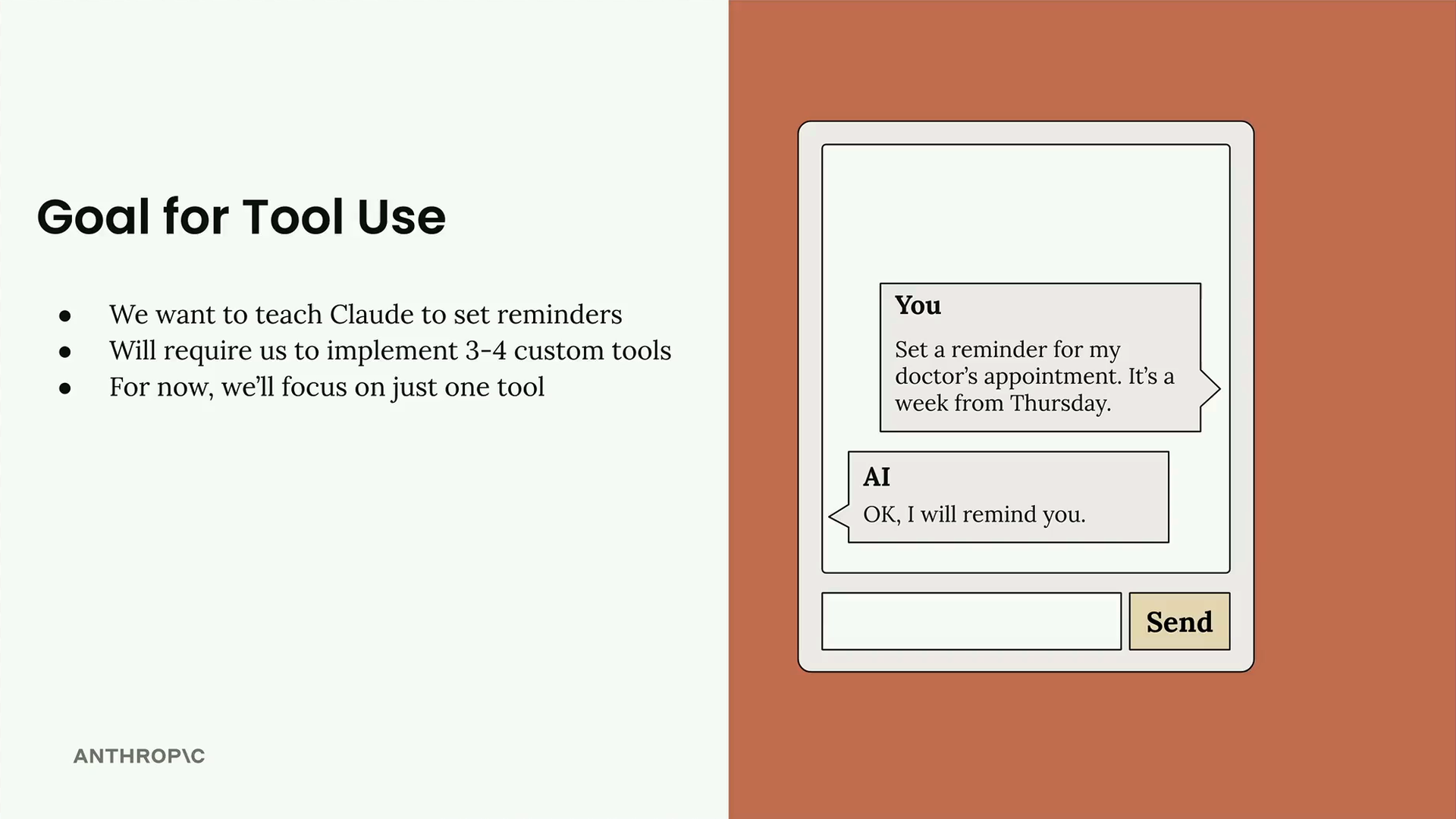 In a chat, a user asks for a reminder for a doctor's appointment a week from Thursday, a goal that takes 3 to 4 custom tools.
