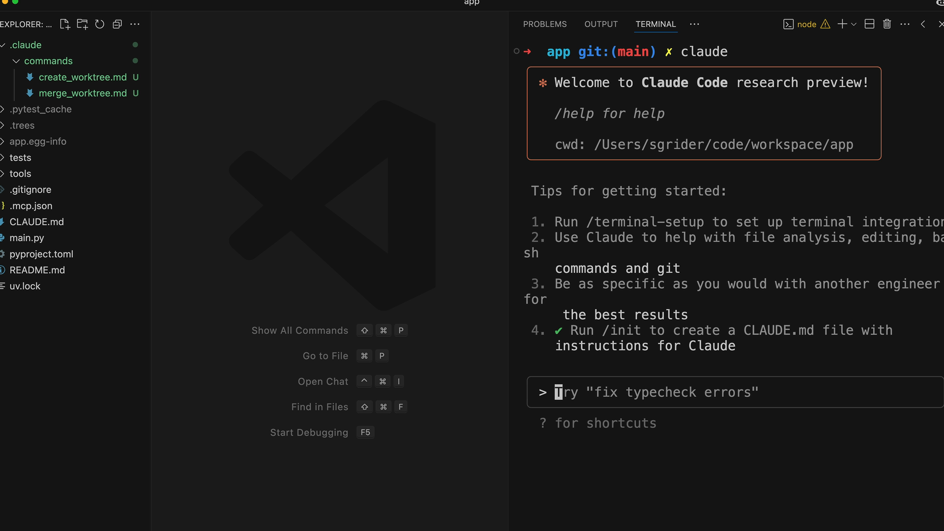 VS Code with create_worktree.md and merge_worktree.md in .claude/commands, and Claude Code running in the terminal.