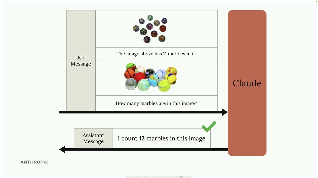 Prompt says a marble photo has 11 marbles, then asks about a second photo; Claude answers 12, with a green check.