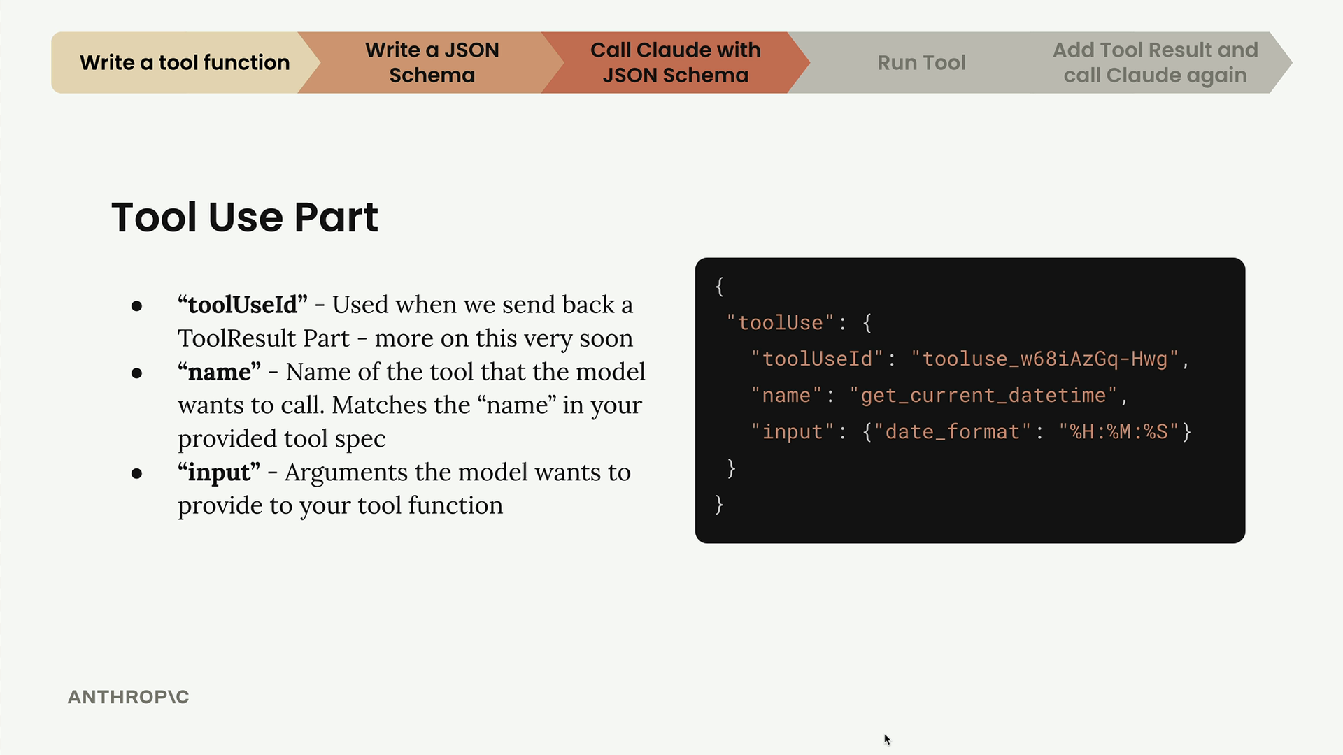 Example ToolUse part naming the tool "get_current_datetime" with input date_format "%H:%M:%S", plus a toolUseId.