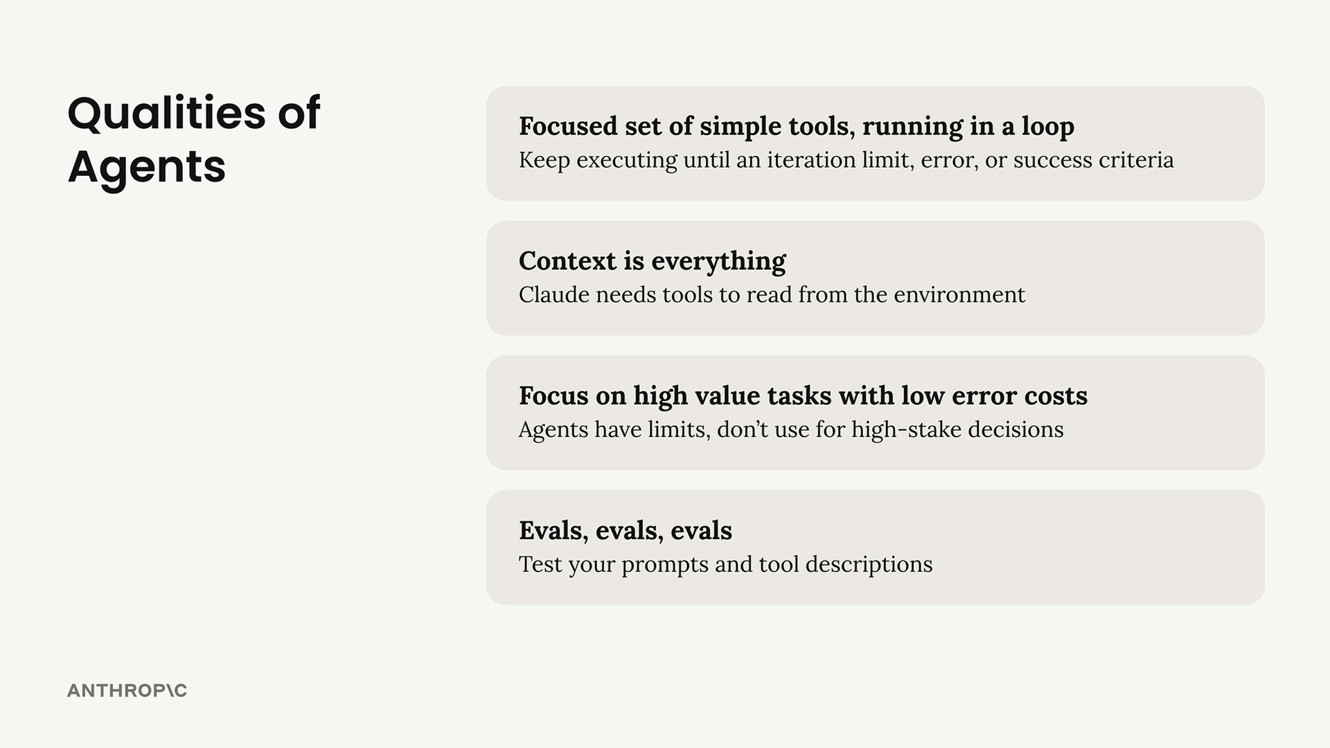 Recap of the four qualities of effective agents described above, ending with testing your prompts and tool descriptions.