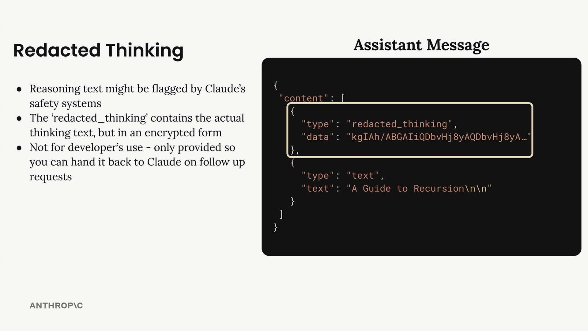 Assistant message: a highlighted "redacted_thinking" block with encrypted "data", then a "text" block "A Guide to Recursion".