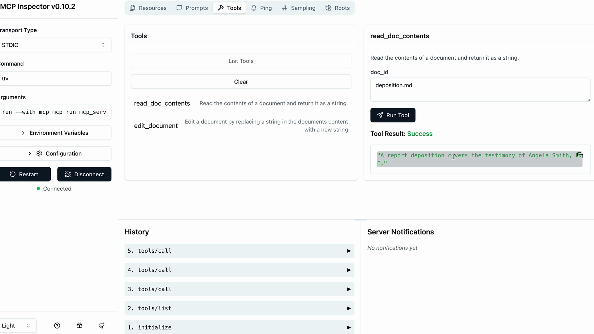 MCP inspector: read_doc_contents on "deposition.md" shows Tool Result Success and text starting "A report deposition covers".