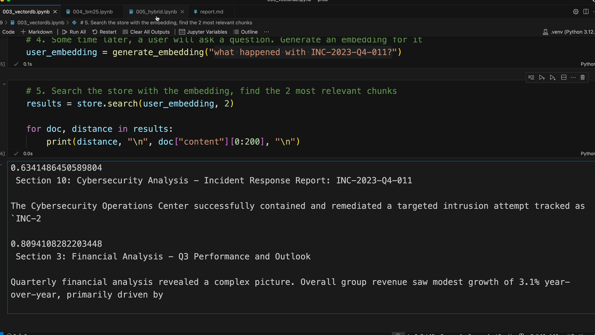 Vector search alone, returning Section 10: Cybersecurity Analysis at distance 0.634, Section 3: Financial Analysis at 0.809.