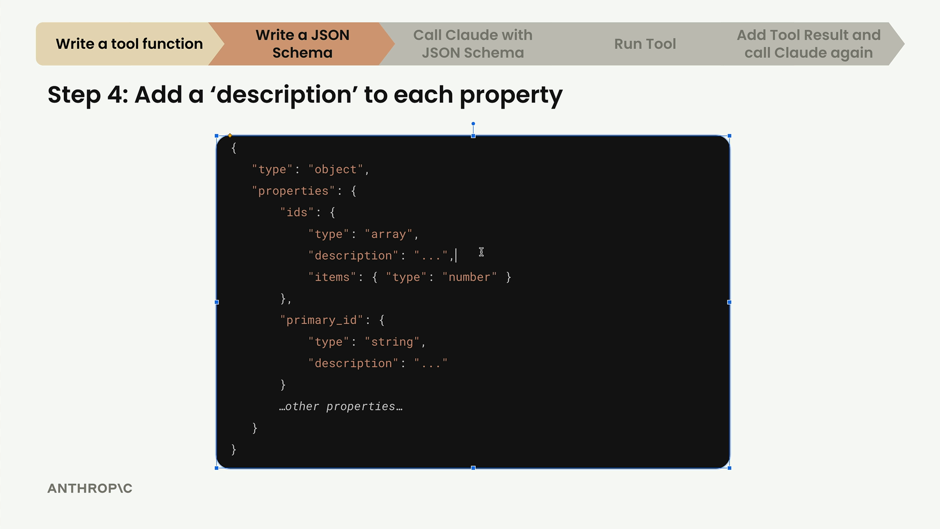 JSON schema where the ids array of numbers and the primary_id string each gain a "description" key set to three dots.