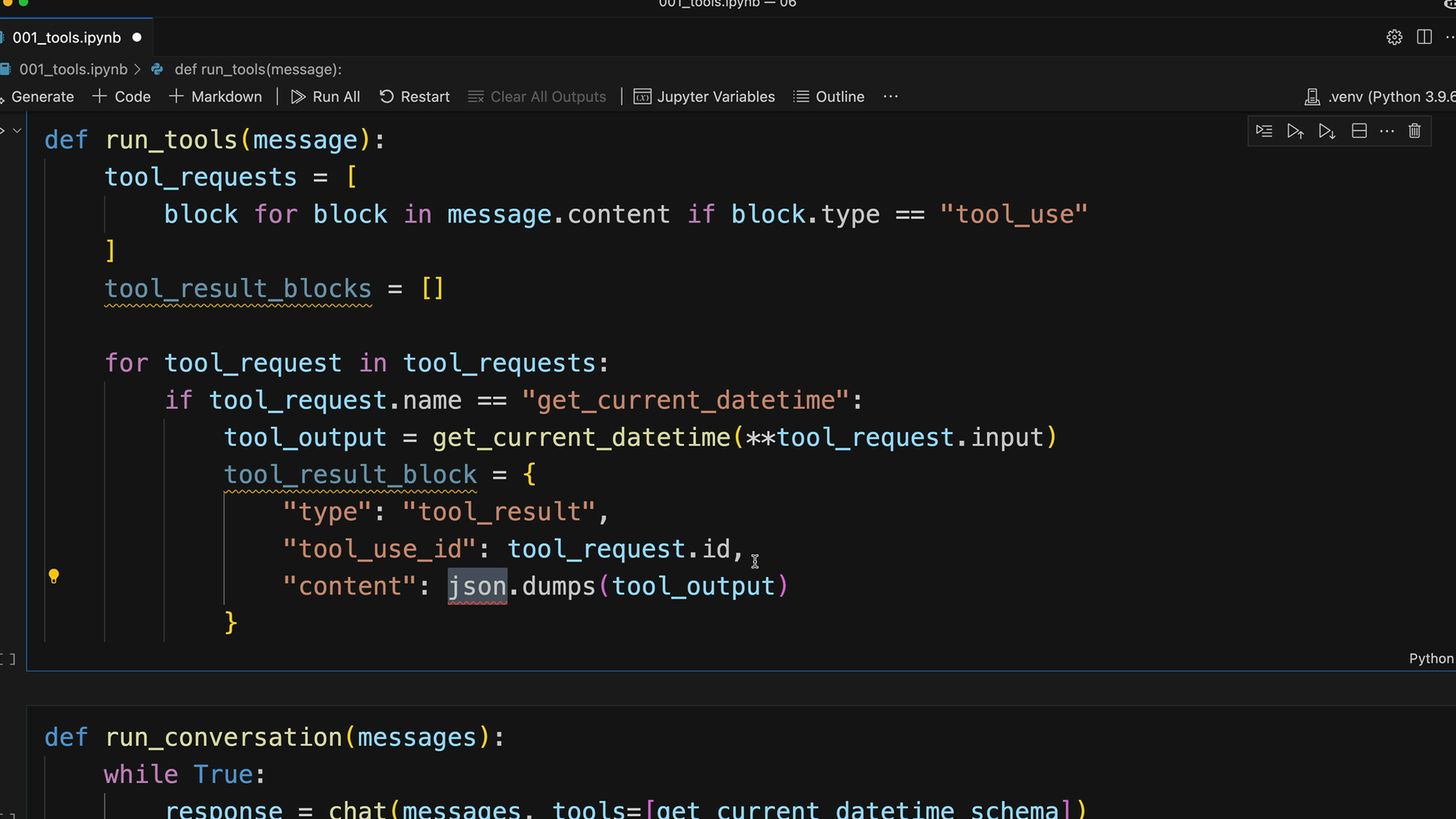Notebook cell where run_tools calls get_current_datetime when the tool name matches, then builds a tool result block.
