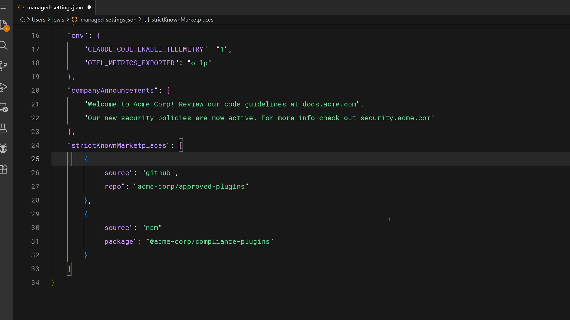 managed-settings.json with telemetry environment variables, two company announcements, and a strictKnownMarketplaces list.