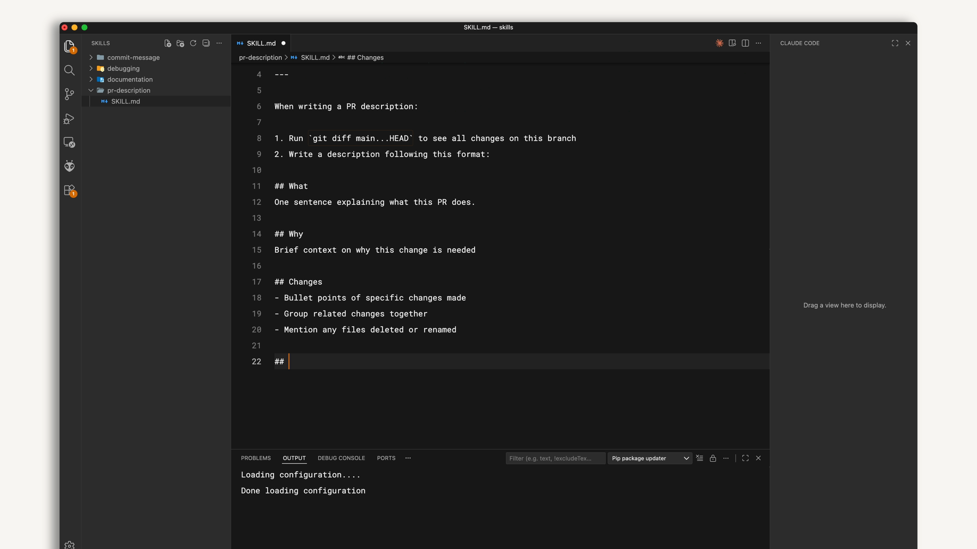 SKILL.md for pr-description open in an editor, beside commit-message, debugging and documentation skill folders.