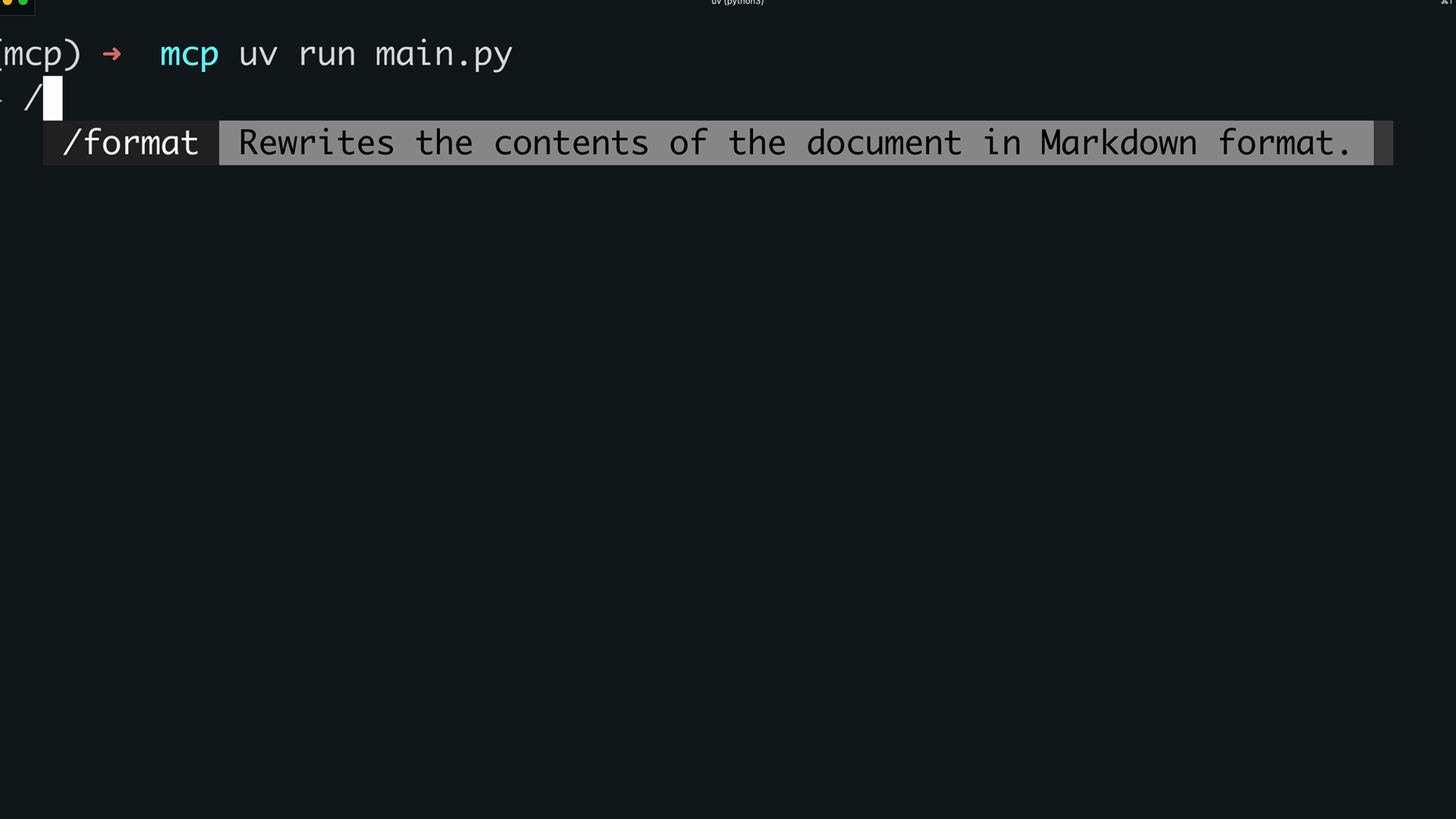 Typing a forward slash in the client lists "/format", which rewrites the contents of the document in Markdown format.