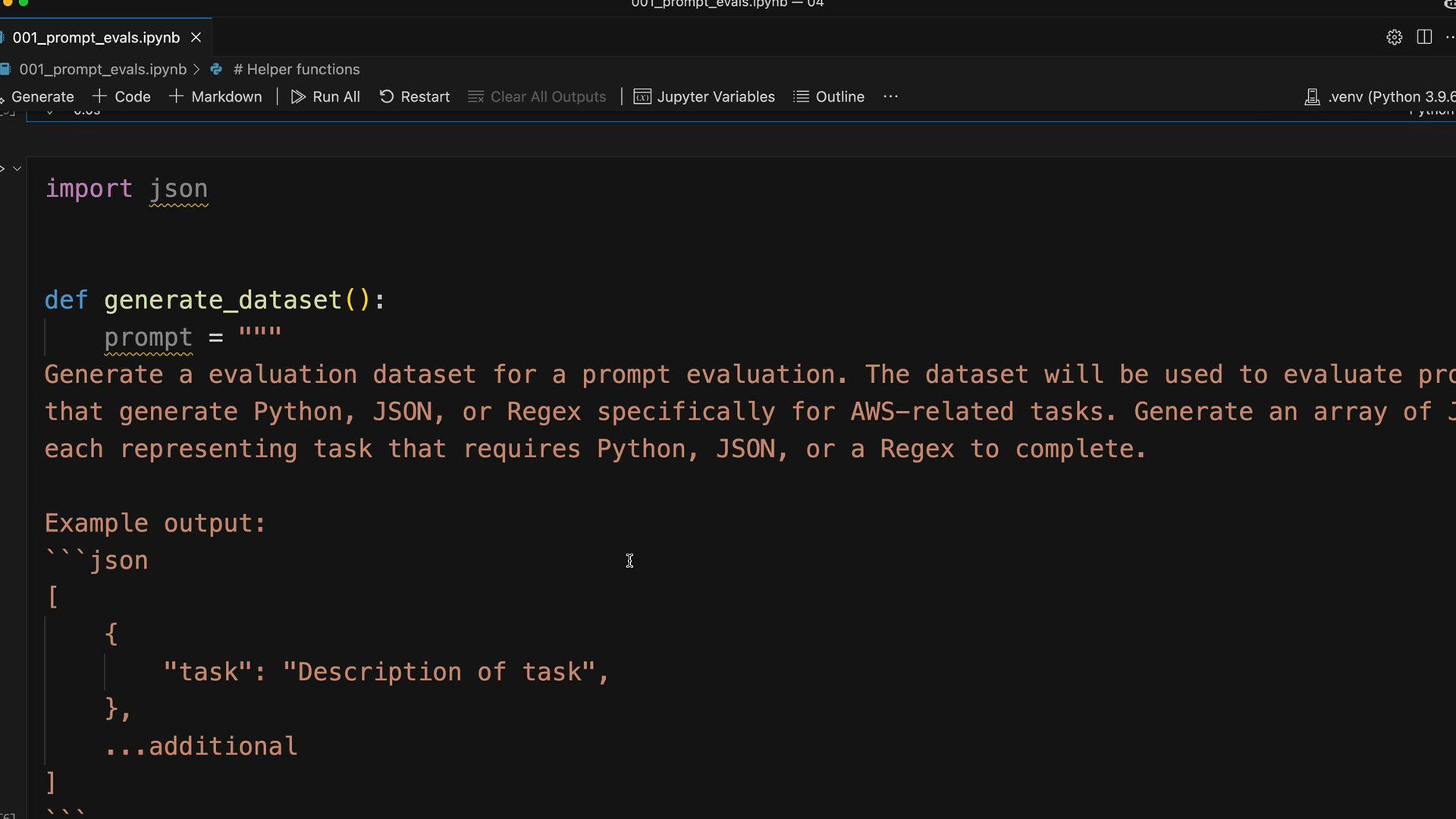 Notebook cell that imports json and defines generate_dataset with the prompt shown in the code below.