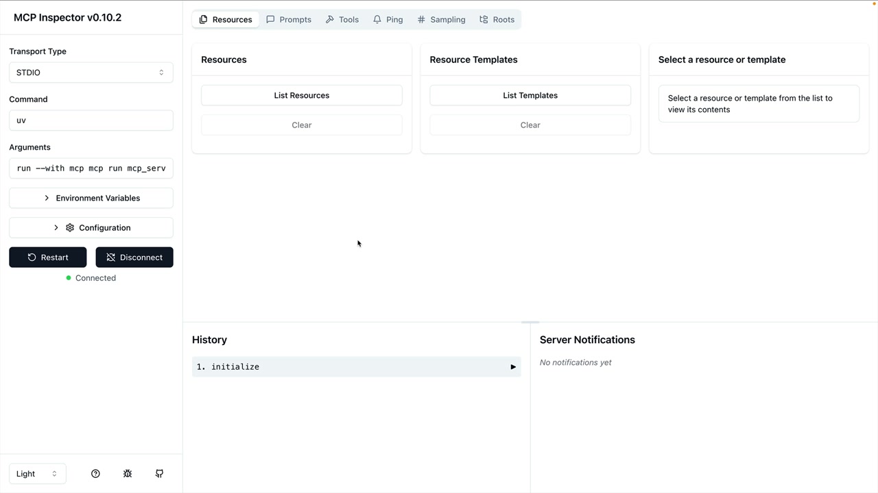 MCP inspector after connecting, showing Connected status and tabs Resources, Prompts, Tools, Ping, Sampling and Roots.