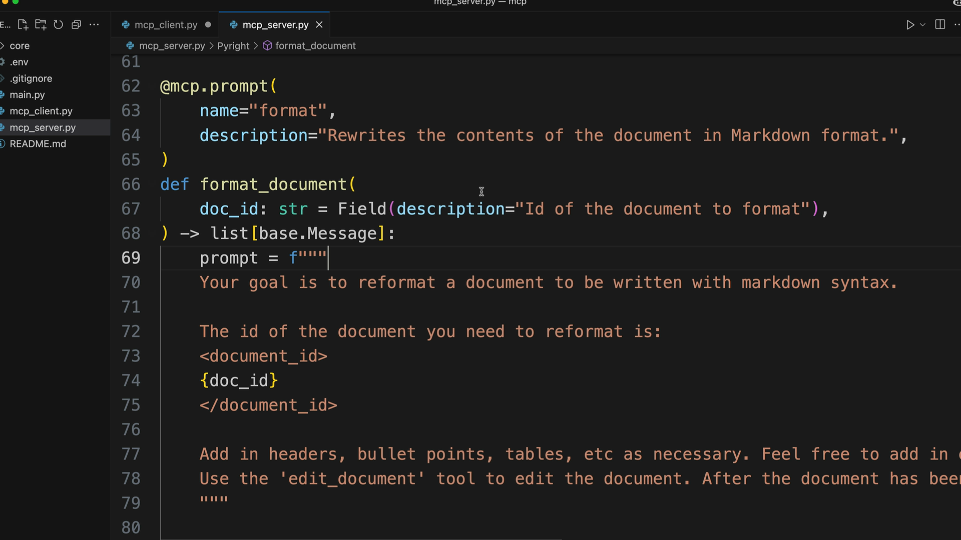 mcp_server.py code defining the "format" prompt: its doc_id argument is interpolated between document_id tags.
