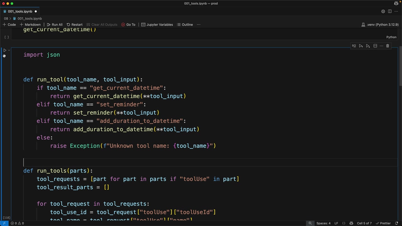 Notebook cell with the run_tool function shown above, followed by a run_tools function that collects toolUse parts.