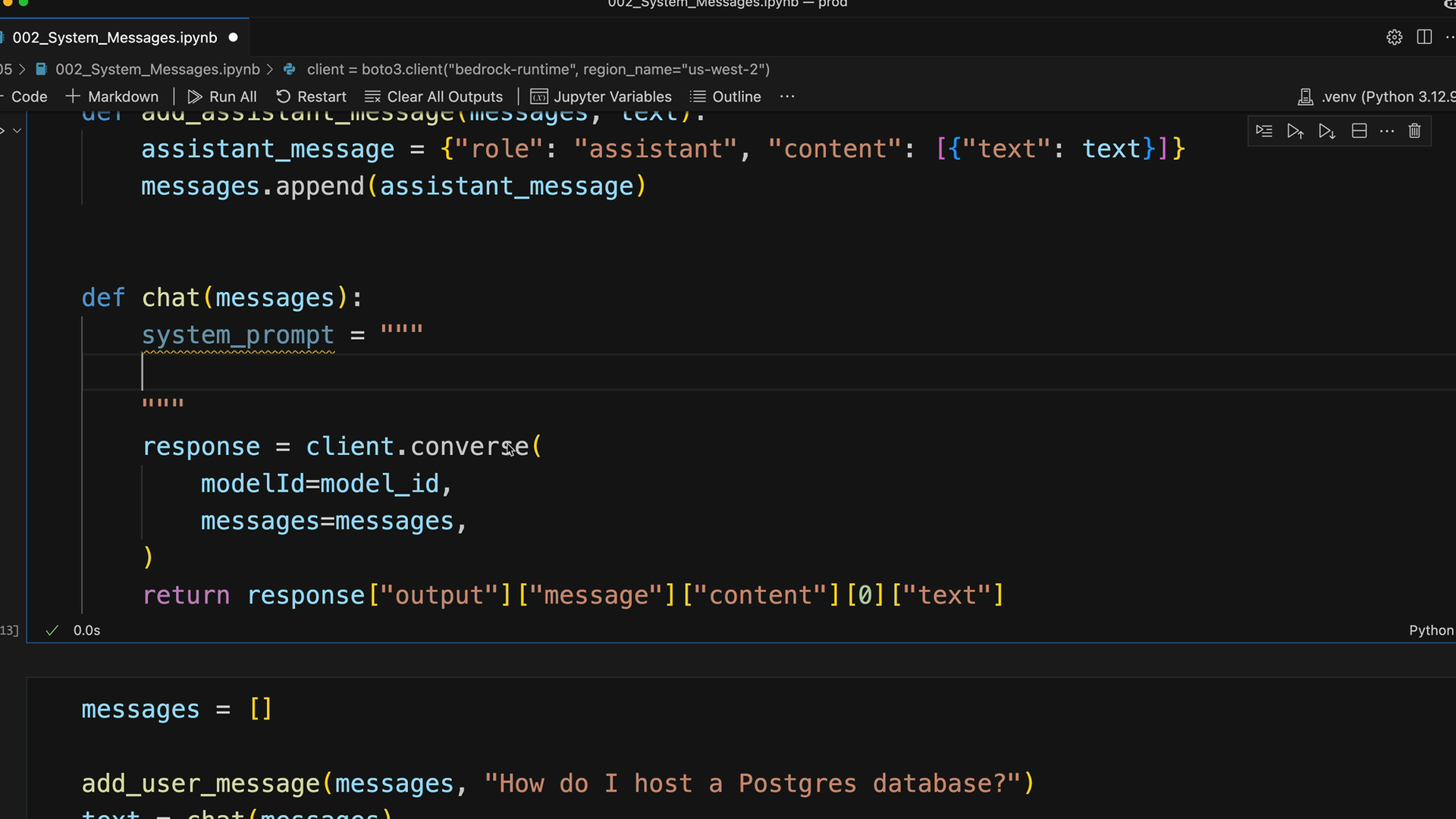 Notebook chat function whose triple-quoted system_prompt is still empty, and a converse call with no system parameter.