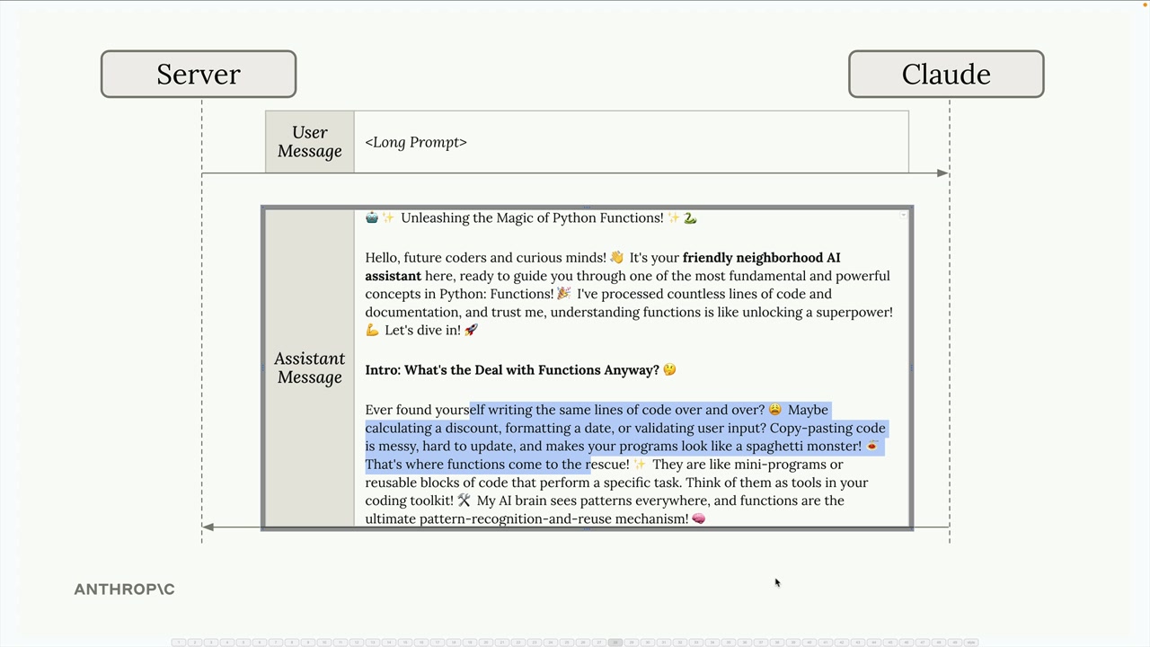 Claude answers the long prompt with an emoji-filled Python article calling itself your "friendly neighborhood AI assistant".