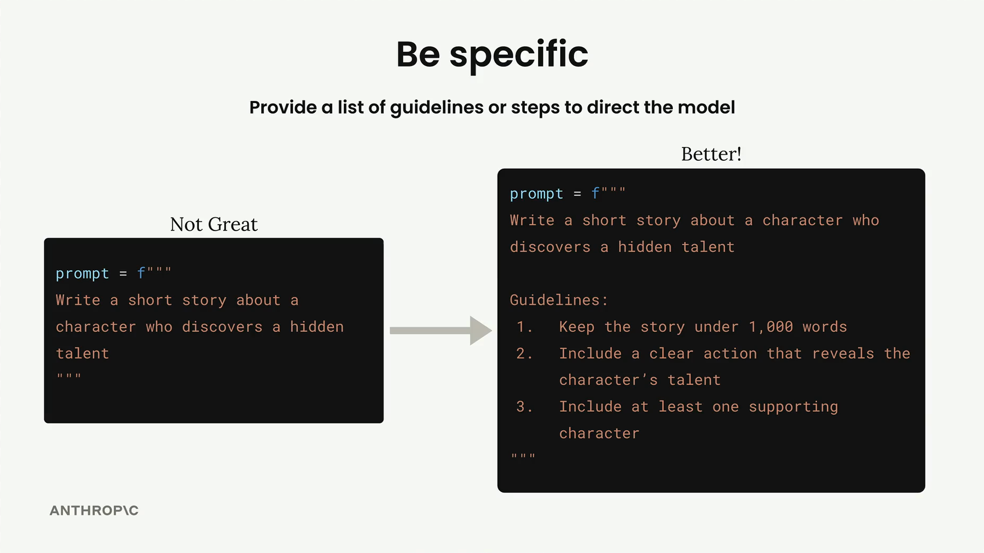 The same short story prompt labeled "Not Great" beside a "Better!" version that adds three numbered guidelines.