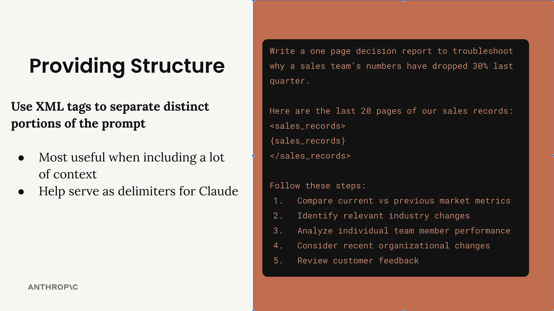 Prompt for a one page decision report on a 30% sales drop, with the records in sales_records tags and five analysis steps.