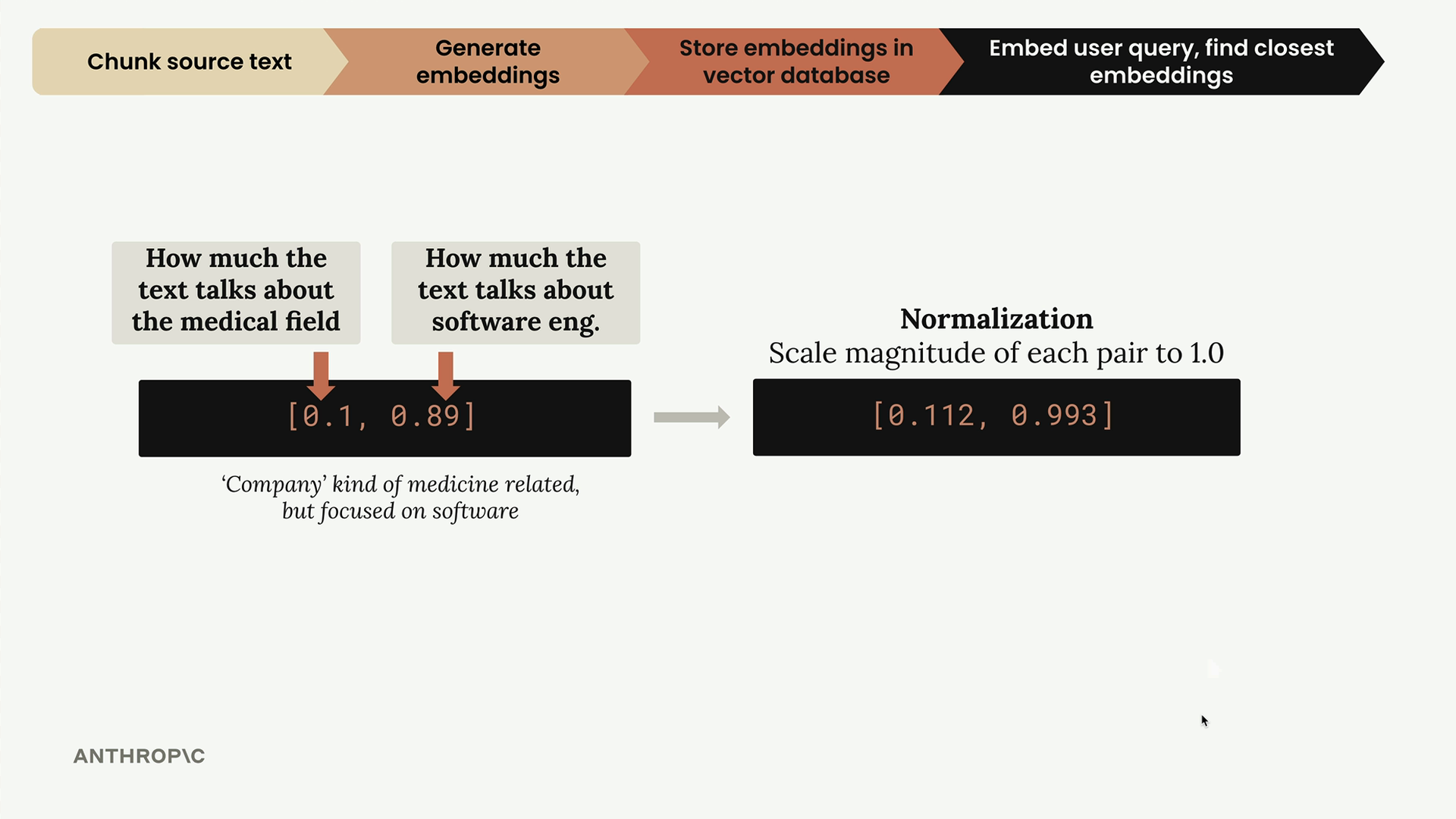 Embed user query stage, with the query embedding annotated "Company kind of medicine related, but focused on software".
