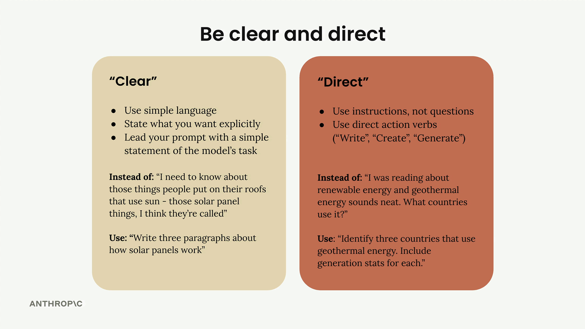 Side-by-side rules for clear prompts and direct prompts, each with a weak prompt and a better one, described below.