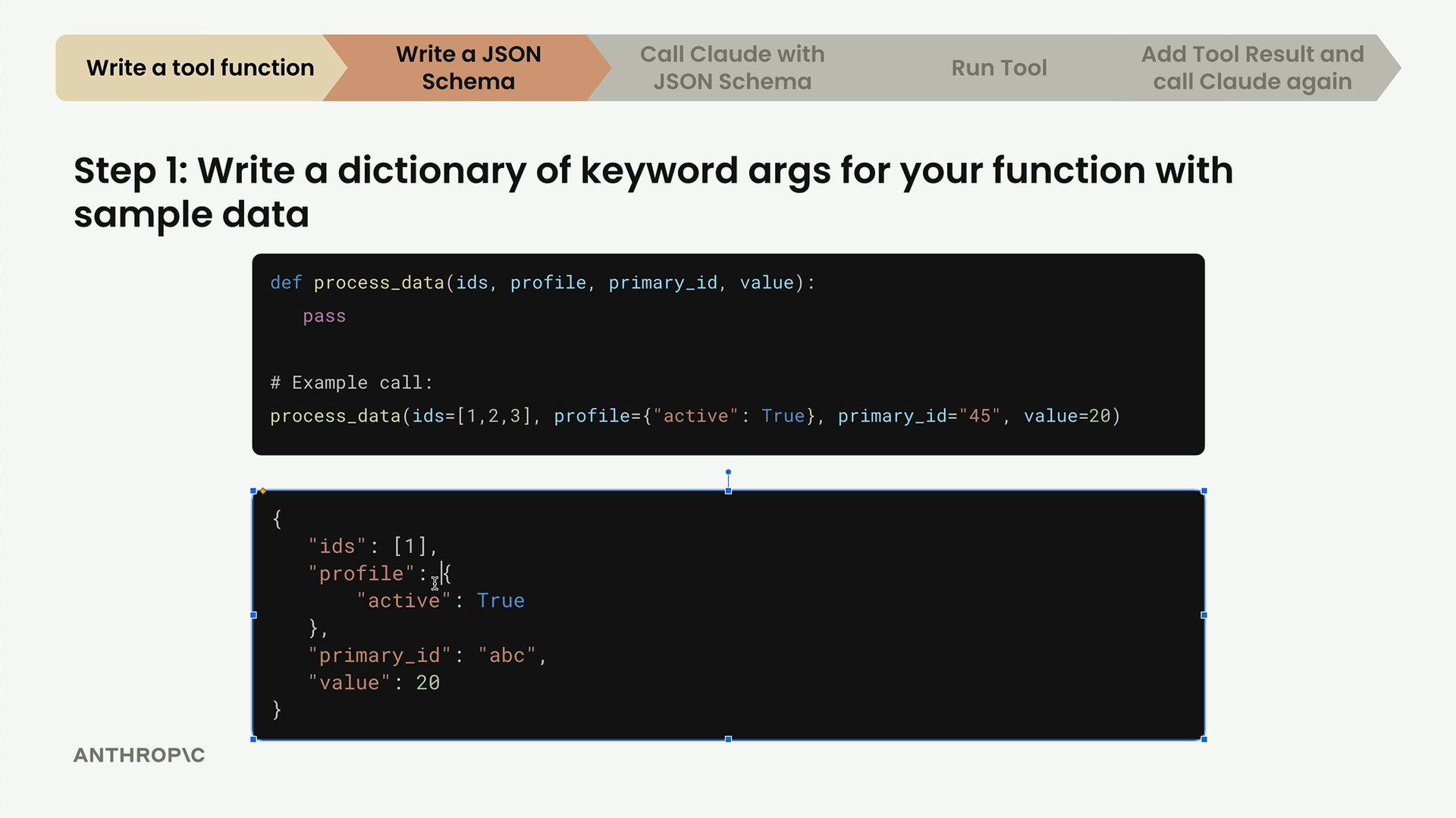 Dictionary for process_data: "ids" is a list with 1, "profile" has "active" True, "primary_id" is "abc", "value" is 20.