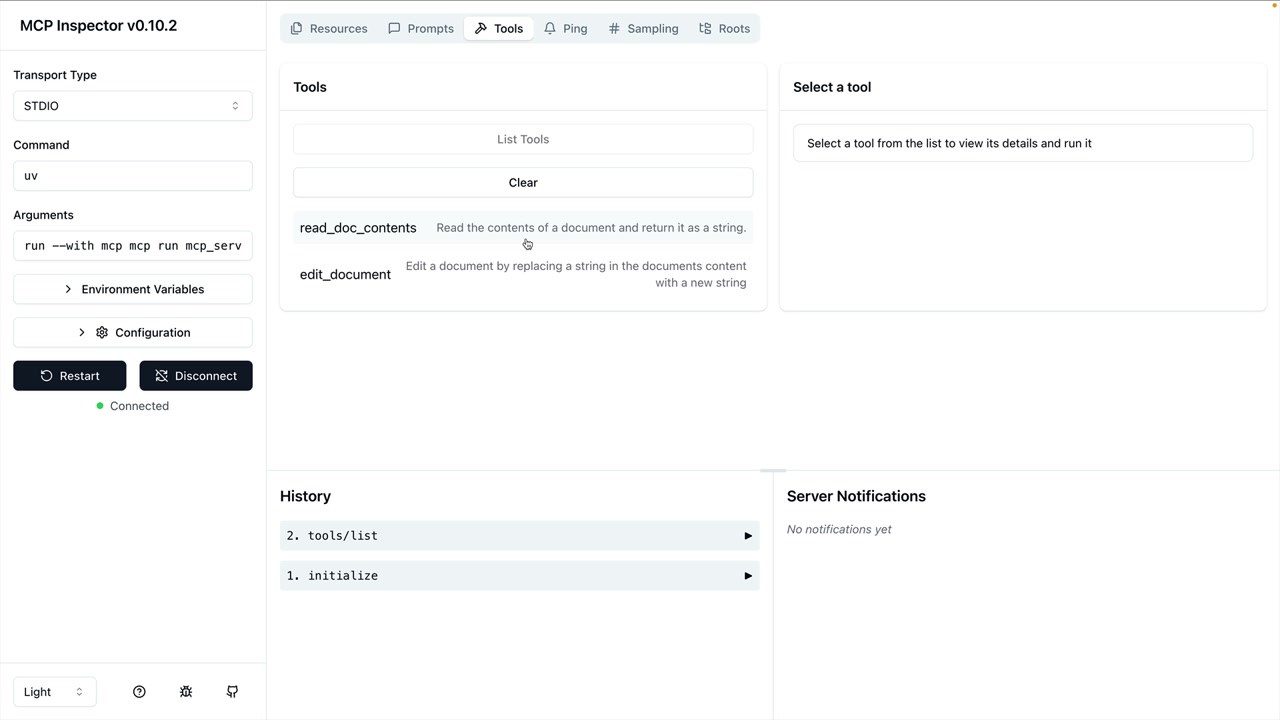 MCP Inspector Tools tab listing the tools read_doc_contents and edit_document, each with a short description.