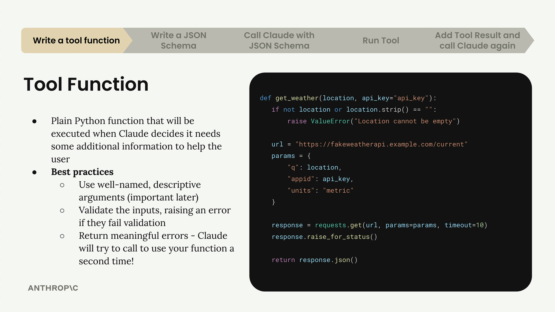 Example get_weather tool function: it raises a ValueError if location is empty, then returns a weather API response as JSON.