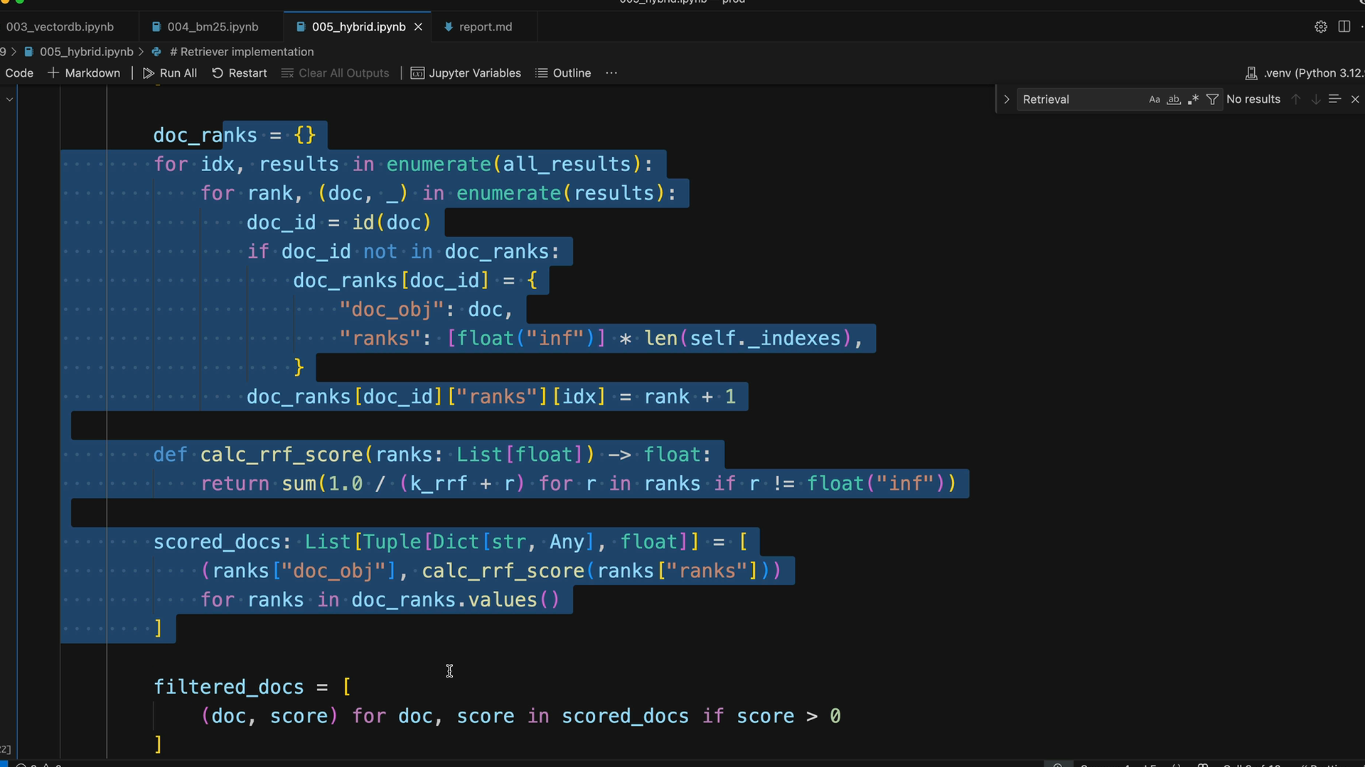 The merge logic left out of the code above: it builds doc_ranks, defines calc_rrf_score, then keeps docs scoring above 0.