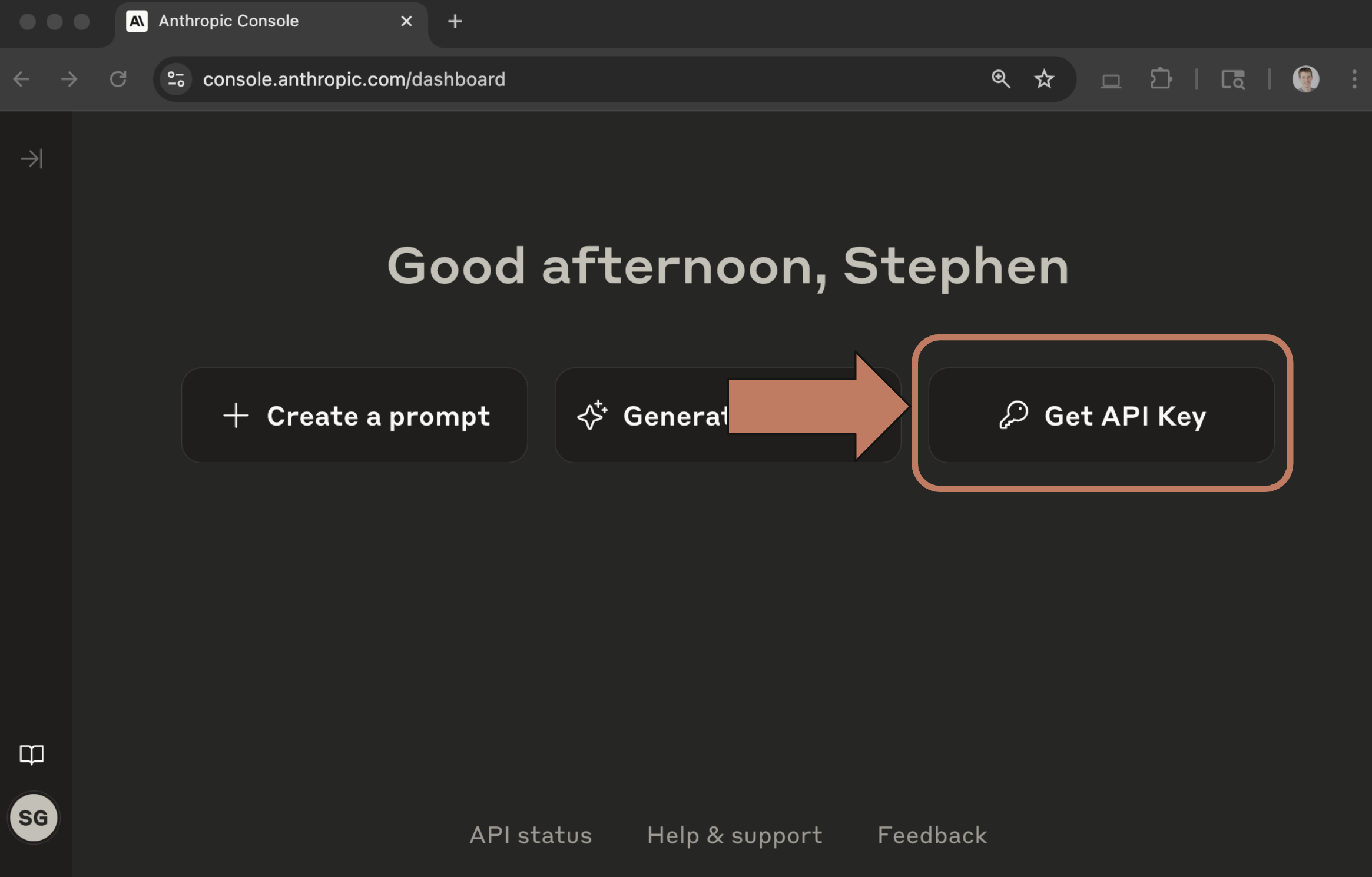 Anthropic Console dashboard with an arrow and outline marking the "Get API Key" button, the rightmost of three buttons.