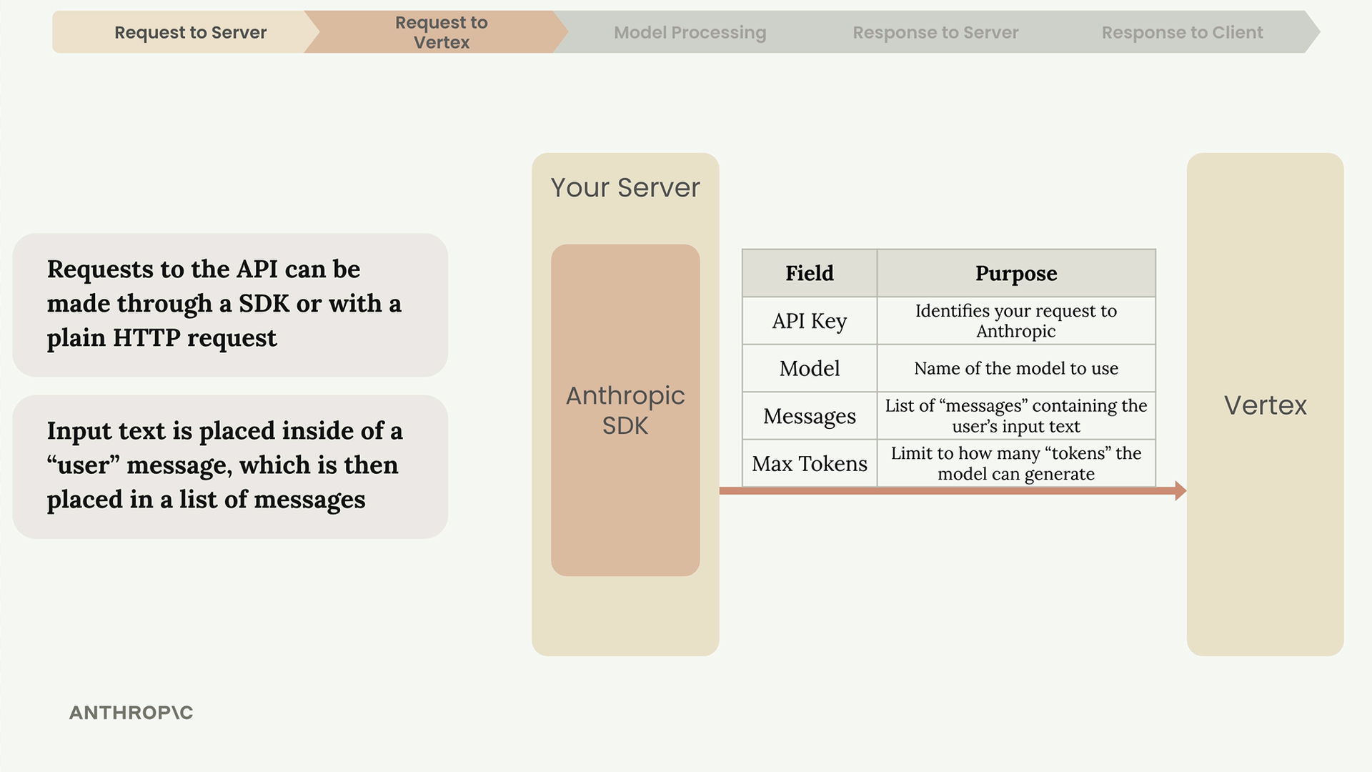 Request to Vertex stage: your server's Anthropic SDK, or a plain HTTP request, sends the fields listed below to Vertex.