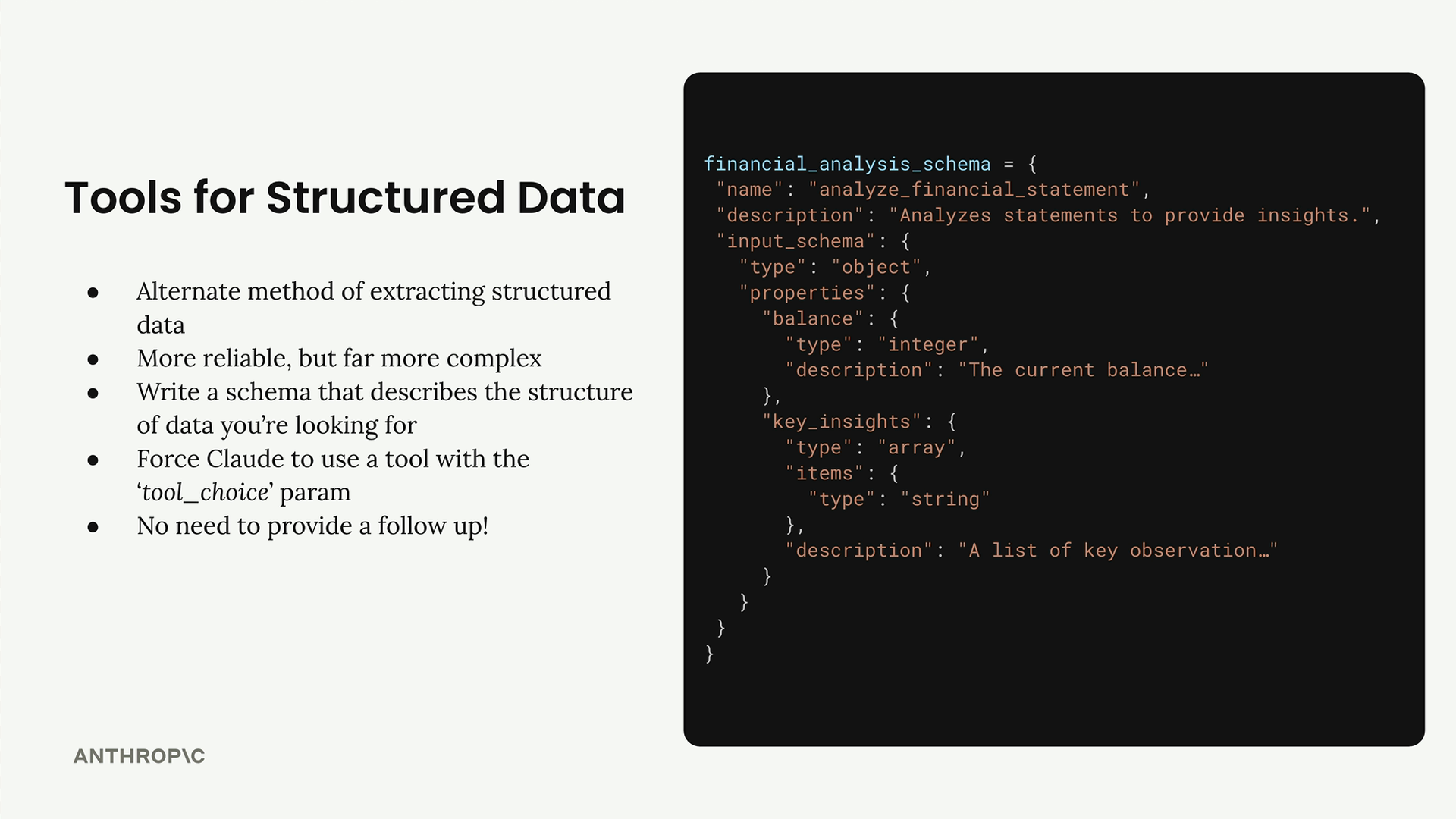 The financial_analysis_schema tool definition, with an integer "balance" and a "key_insights" array of strings.