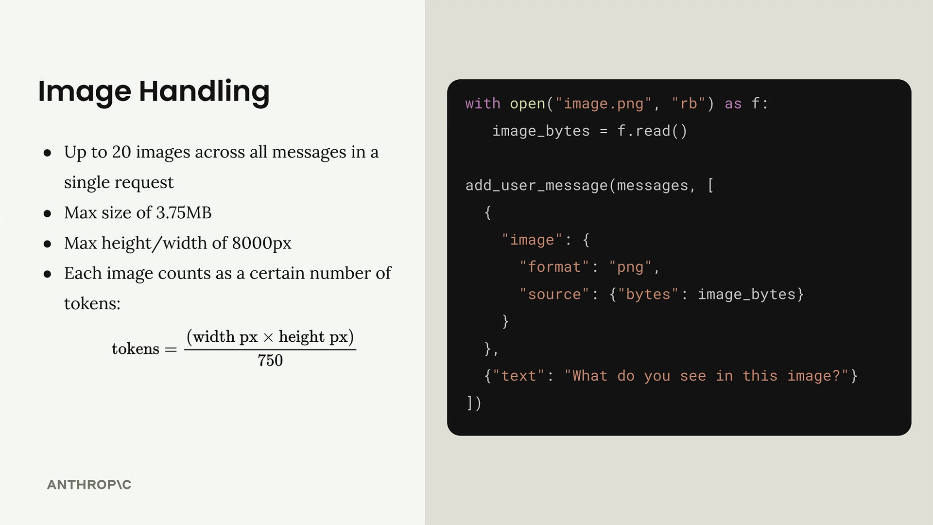 The image limits and token formula listed above, beside the Python code shown below that sends image.png bytes.