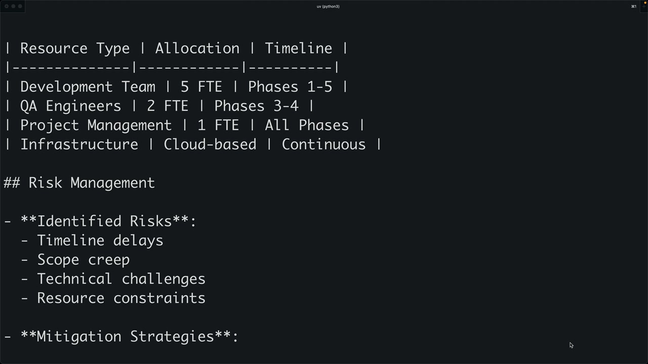 Terminal markdown with a resource table row reading "Development Team 5 FTE Phases 1-5" and a Risk Management section.