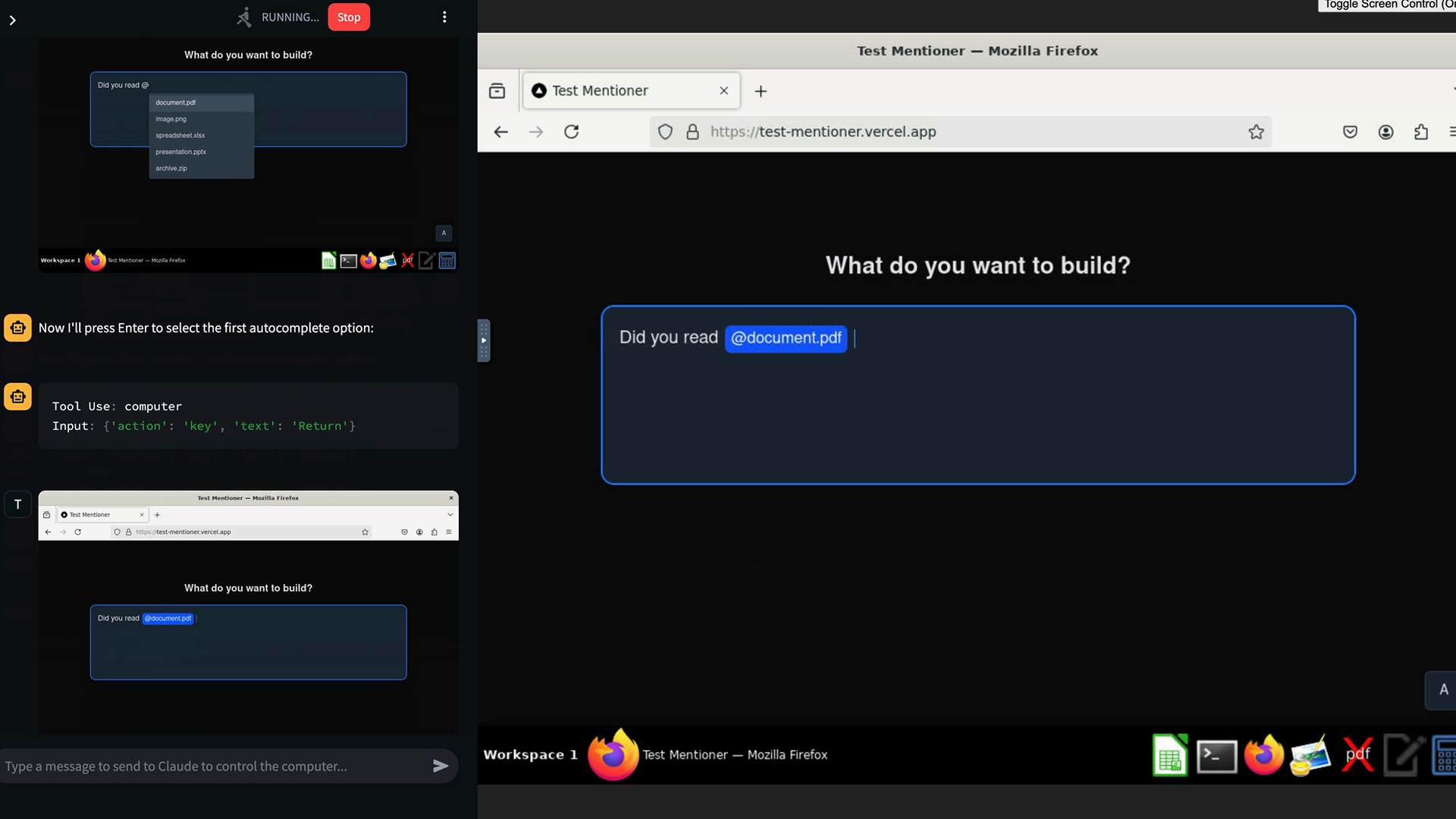Claude calls the computer tool with action "key" and text "Return", and "@document.pdf" becomes a mention in the text area.