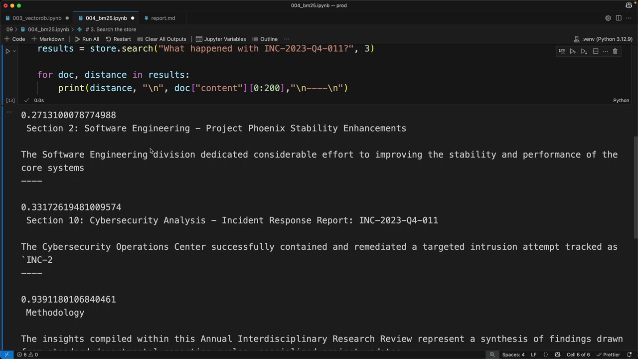 BM25 search output listing Software Engineering at about 0.27, Cybersecurity Analysis at 0.33 and Methodology at 0.94.