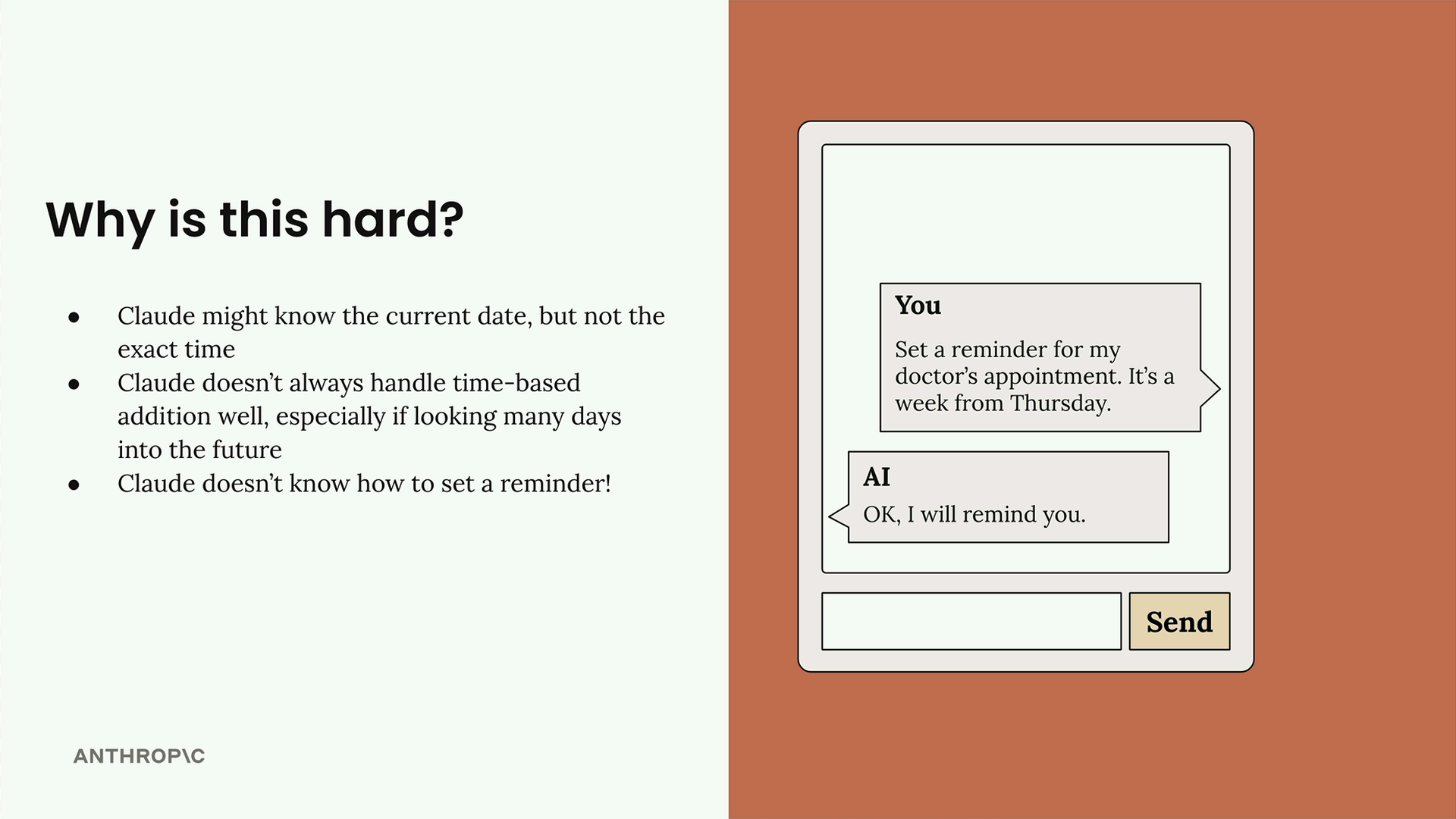 The three limitations above, beside a chat mockup of the reminder request and the reply "OK, I will remind you".
