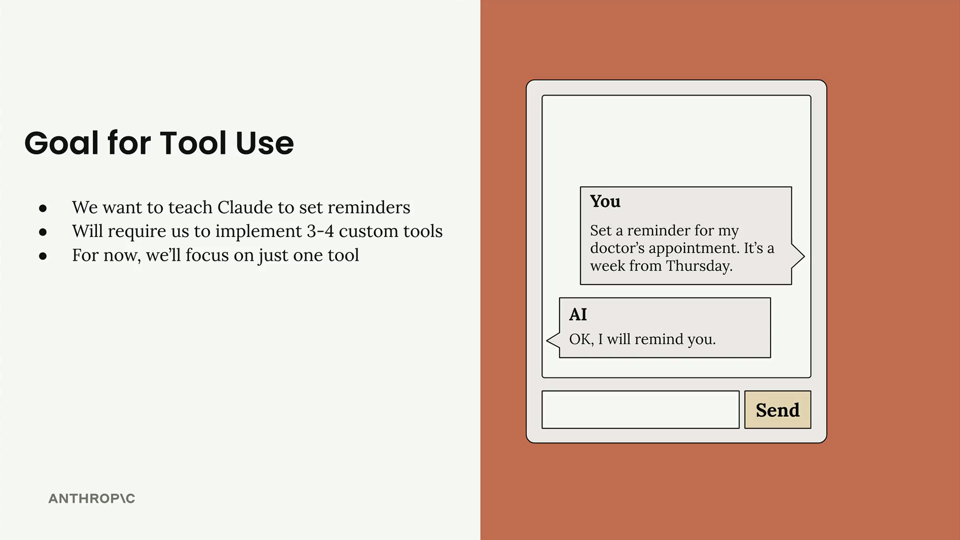 In a chat, a user asks for a reminder for a doctor's appointment a week from Thursday, a goal that takes 3 to 4 custom tools.