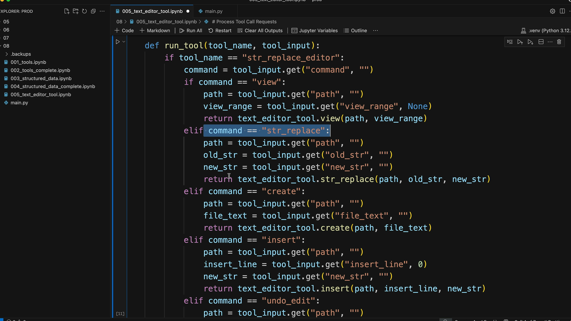 Notebook cell where run_tool handles str_replace_editor commands "view", "str_replace", "create", "insert" and "undo_edit".