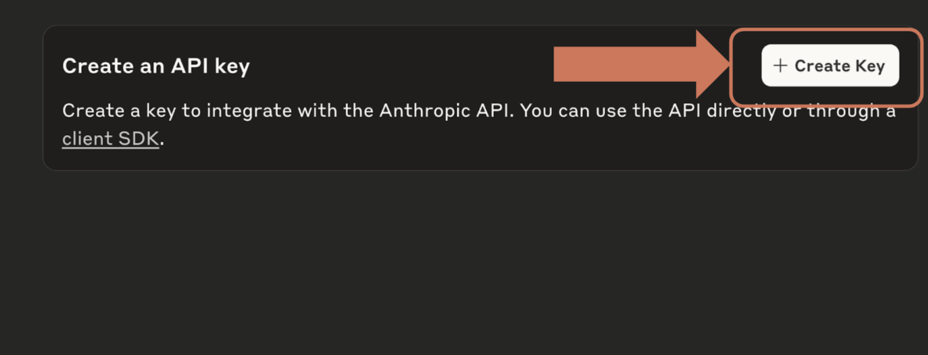 Highlighted "Create Key" button at the right of a console panel headed "Create an API key" and its "client SDK" link.