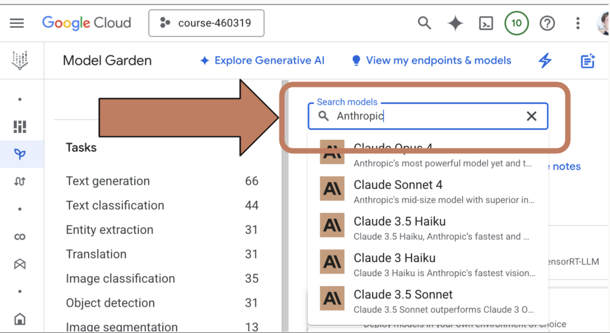 Google Cloud Model Garden with "Anthropic" typed in the Search models box and a dropdown list of Claude models to click.