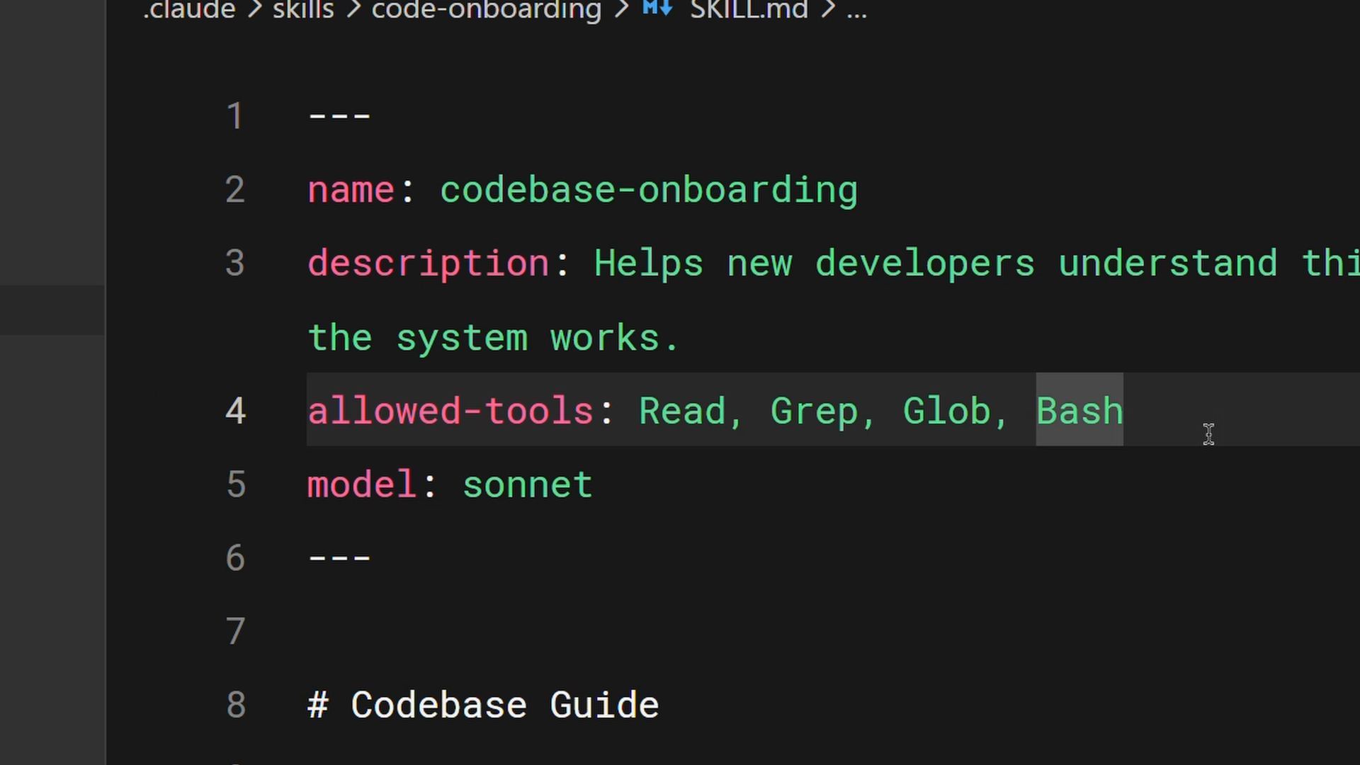 The codebase-onboarding SKILL.md in an editor with the allowed-tools line highlighted, shown in the code block below.