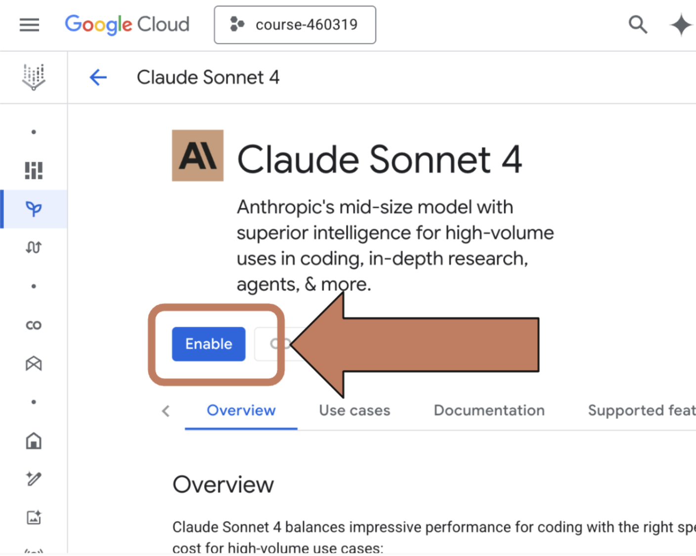 Google Cloud model information page for a Claude model, with an arrow marking the "Enable" button.