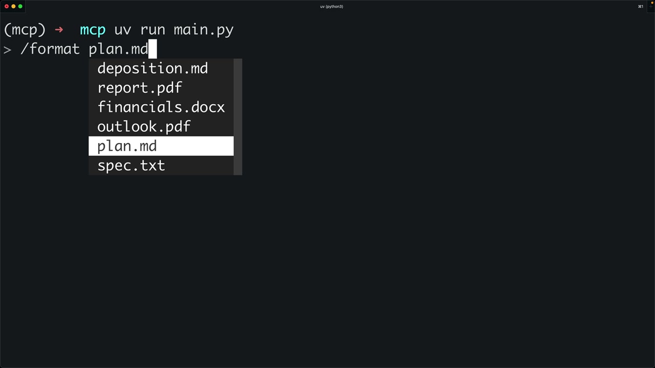 Terminal running uv run main.py with "/format plan.md" typed and a file autocomplete list with plan.md highlighted.