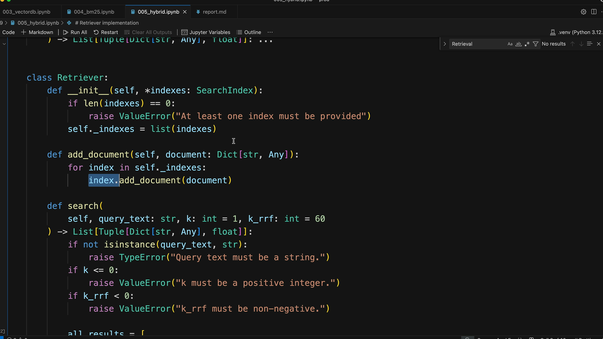 Retriever class in a notebook that raises errors for no indexes, non-string query text, non-positive k and negative k_rrf.
