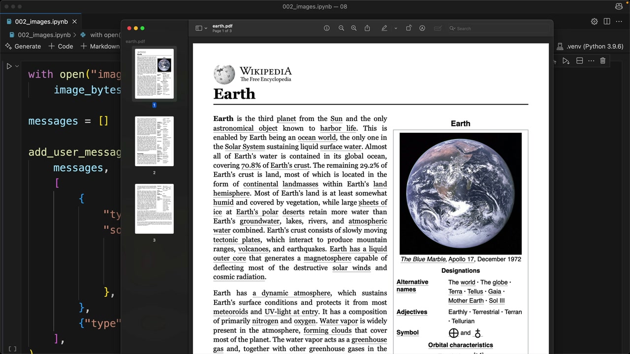 earth.pdf open over the notebook code, showing page 1 of 3 of the Wikipedia article Earth with a photo of Earth.