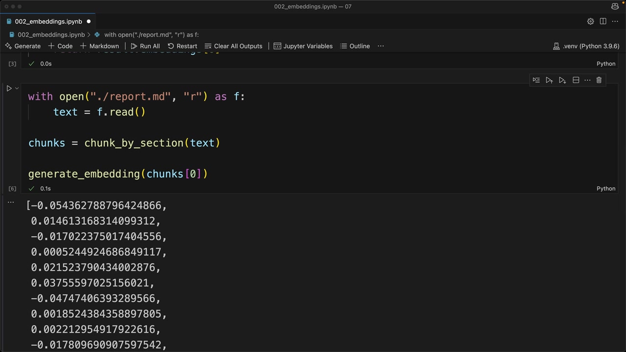Notebook cell embedding the first chunk of report.md; the output is a long list of decimals starting -0.054, 0.015.