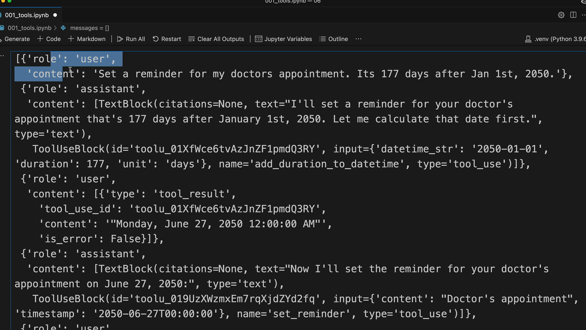 Messages list with the add_duration_to_datetime call, its result "Monday, June 27, 2050 12:00:00 AM", then set_reminder.